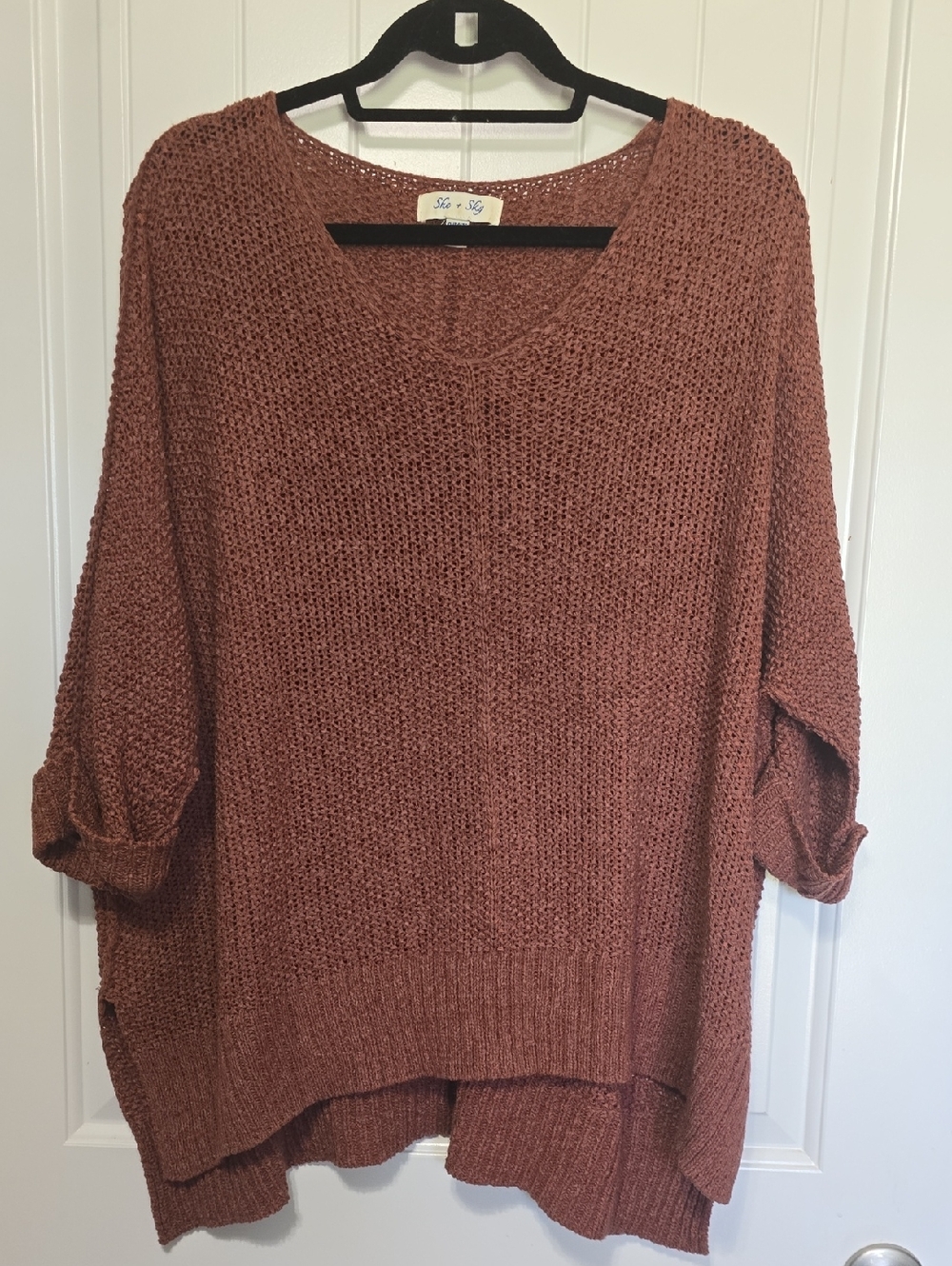 She + Sky Rust V-Neck Oversized Knit Sweater